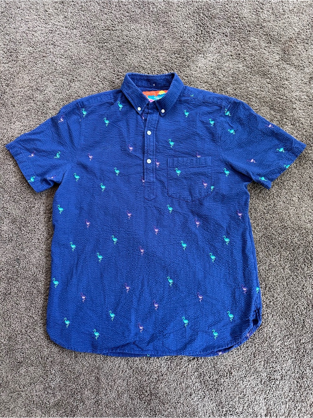 chubbies Navy Short-Sleeve Button-Down Shirt with Flamingo Embroidery